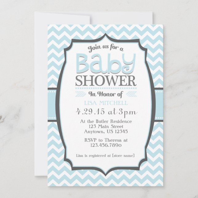 Poudre bleu gris Chevron Baby shower Invitation (Devant)