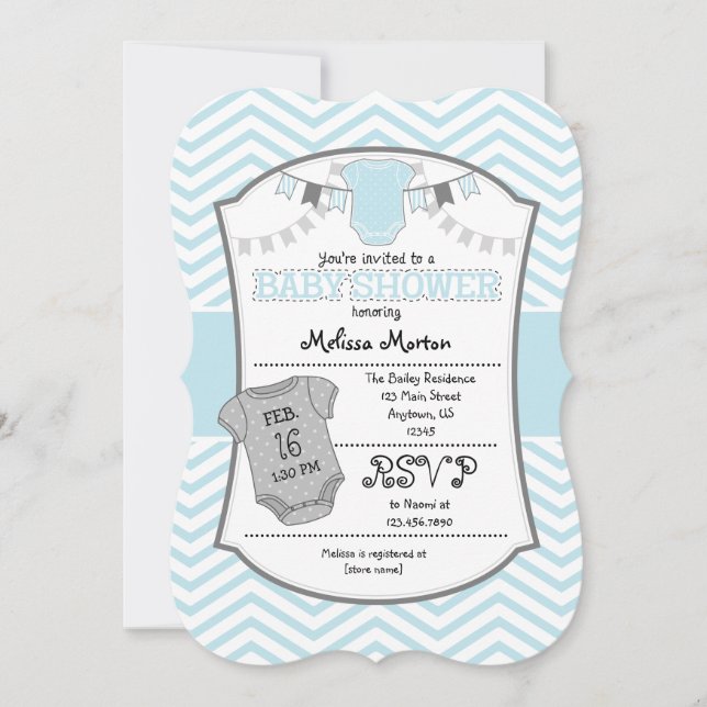 Poudre bleu gris Chevron Baby shower Invitation (Devant)