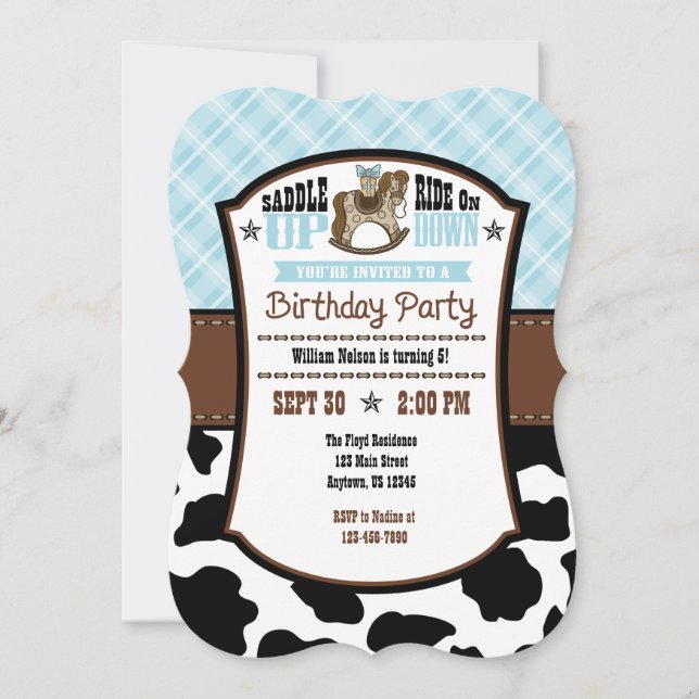 Poudre Bleu Plaid Cowboy Invitation d'anniversaire (Devant)