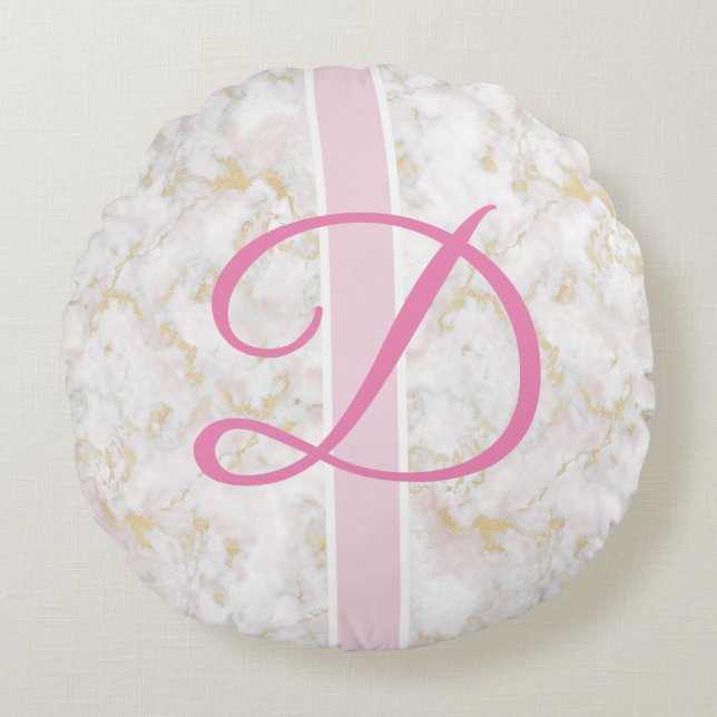 Poufs Coussin rose personnalisé initial en marbre (Devant)
