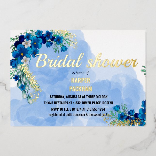 Poule d'or bleu fleur nuptiale invitation douche (Recto)