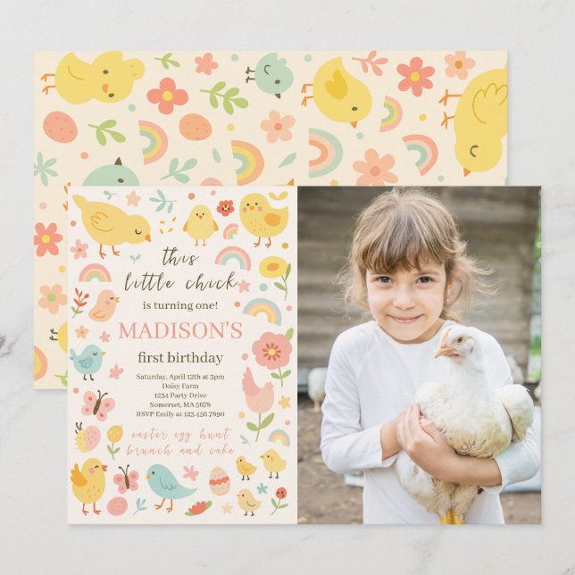 Poulet 1er anniversaire fête photo Invitation (Devant / Derrière)