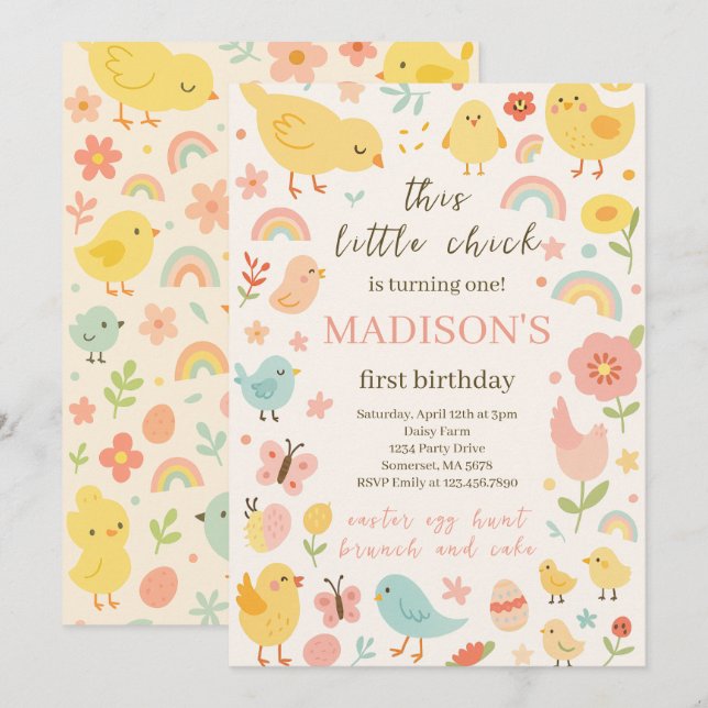 Poulet 1er anniversaire Invitation de fête (Devant / Derrière)