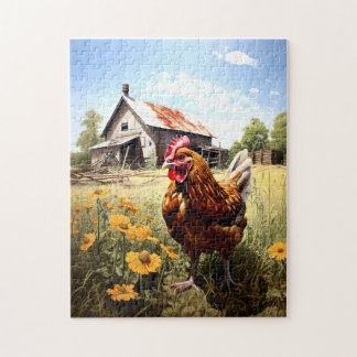 Poulet sur un puzzle agricole.