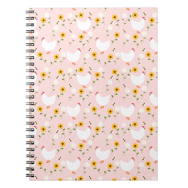 Poulets blancs floraux sur Carnet rose (Devant)