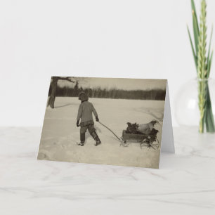 Poulets dans la carte de vacances de neige