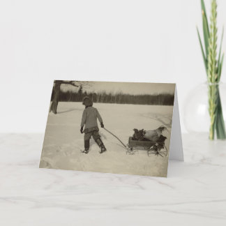 Poulets dans la carte de vacances de neige