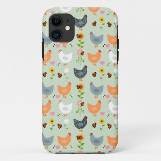 Poulets dans les fleurs Green iPhone 11 Coque