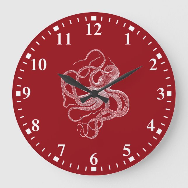 poulpe blanche sur une grande horloge rouge foncé (Recto)