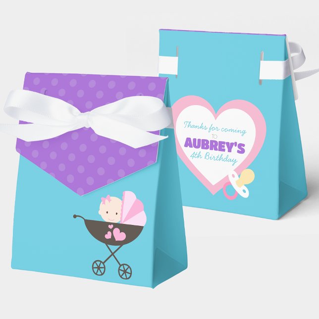Poupée Bleue turquoise Traiter Ballotins cadeaux (Teal Blue and Purple Polka Dot Baby Doll Birthday Party Favor Boxes)
