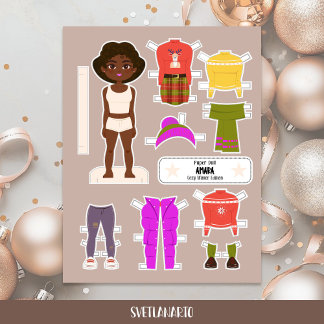 Poupée en papier de Noël Fille Noire Tenues d'hive