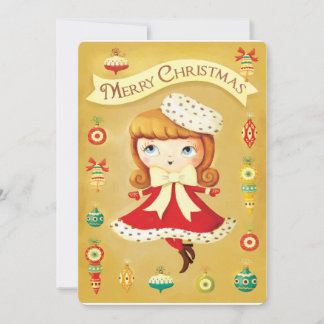 Poupée mignonne en robe rouge Carte de Noël vintag