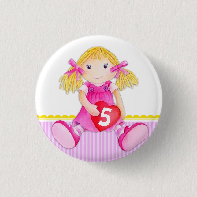Poupée Rag fille âge 5 anniversaire badge bouton (Devant)