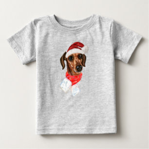 Pour Bébé T-shirt Chien Dachshund Avec Chapeau De Noël Santa