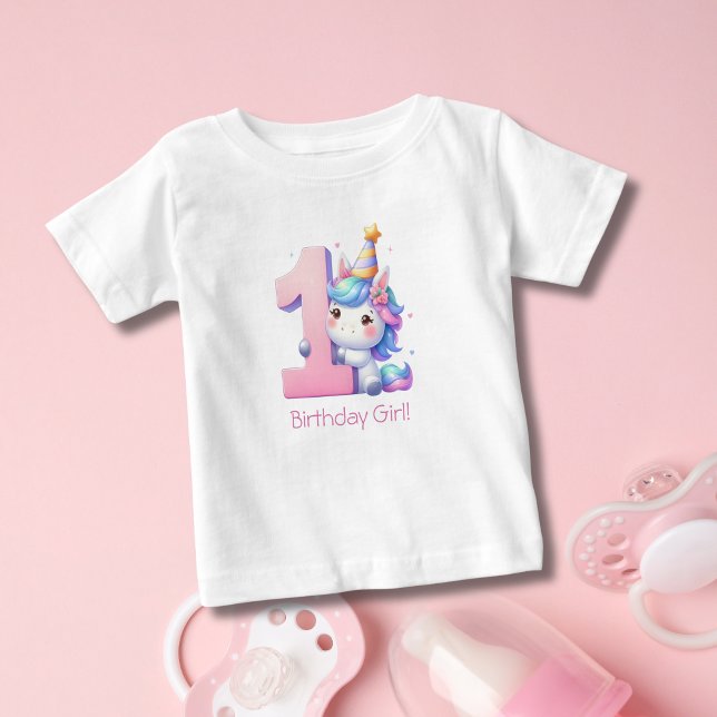 Pour Bébé T-shirt Unicorn 1ère fille Anniversaire (Unicorn 1st Birthday T-shirt for baby girl. Personalize it with her name or text)