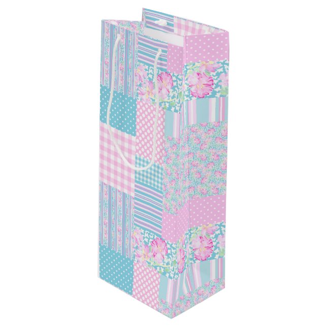 Pour Bouteille Papillons rose Faux Patchwork Vin Sac cadeau (Devant Angle)