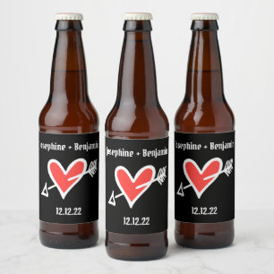 Pour Bouteilles De Bière Personnalisé Mariage Amour Coeur Noir & Étiquette 