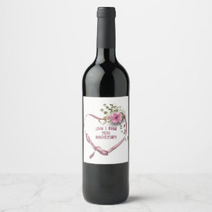 Pour Bouteilles De Vin 75e Anniversaire Pink Heart Ribbon Wine Étiquette