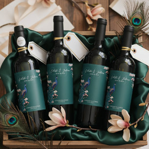 Pour Bouteilles De Vin Elégant Turquoise Floral Peacock Mariage Étiquette