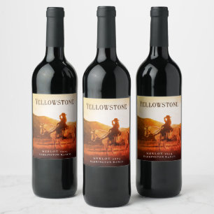 Pour Bouteilles De Vin Mockup Cowboy, Cheval, Coucher du soleil Étiquette