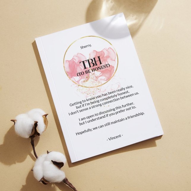 Pour être honnête (TBH) Carte de rupture rose (To Be Honest Breakup Card for those difficult conversations,)