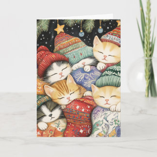 Pour Fêtes Annuelles Cartes de Noël avec des chatons câlins sous l'arbr