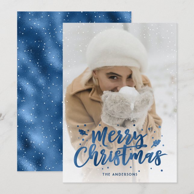 Pour Fêtes Annuelles Cartes de Noël de la photo Blue Foil Script (Devant / Derrière)