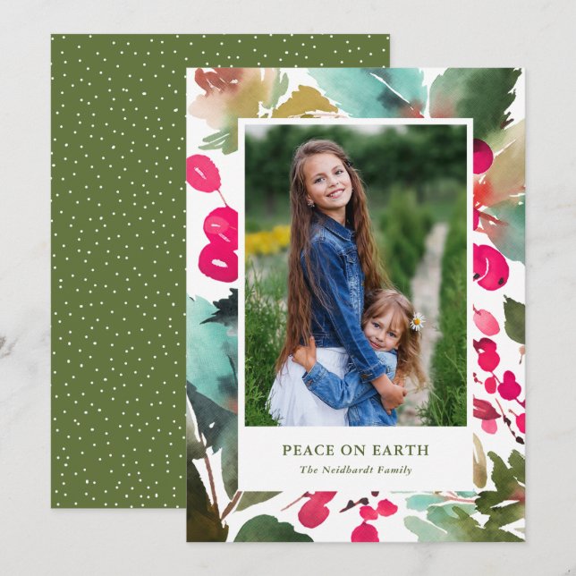 Pour Fêtes Annuelles Cartes de Noël Floral Fuchsia Baies Aquarelle Phot (Devant / Derrière)