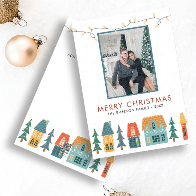 Pour Fêtes Annuelles Cartes de vœux de Noël rétro photo (Merry Christmas Retro Holiday Houses and Trees with Photo and Message by Painted Paperie)