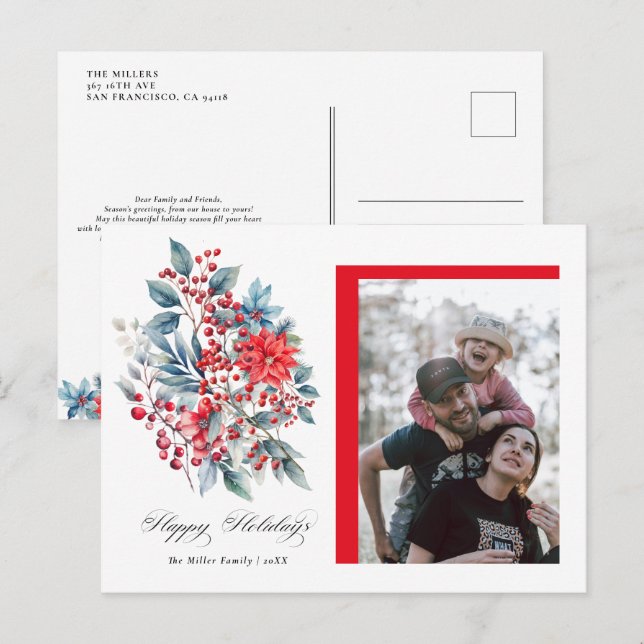 Pour Fêtes Annuelles Cartes de vœux photo de Noël Berry d'hiver (Devant / Derrière)