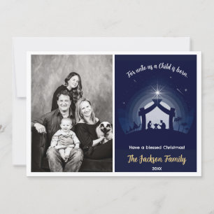 Pour Fêtes Annuelles Cartes photos de Noël de la Nativité (bleu marine)
