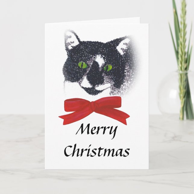 Pour Fêtes Annuelles Tuxedo Chat avec Red Bow Cartes de Noël (Devant)