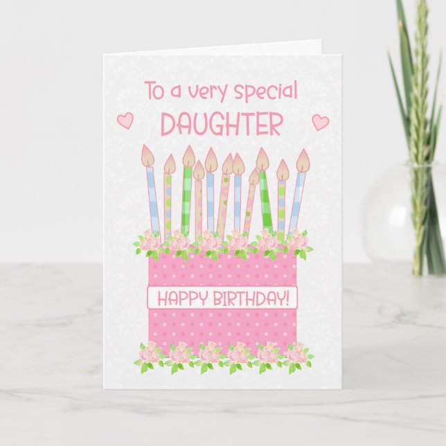 Pour fille Anniversaire Cake Hearts et carte Rose (Devant)