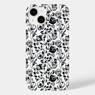 Pour iPhone 14 Coque floral noir et blanc tiré à la main