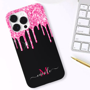 Pour iPhone 14 Pro Max Parties scintillant rose chaud Monogramme + coque 