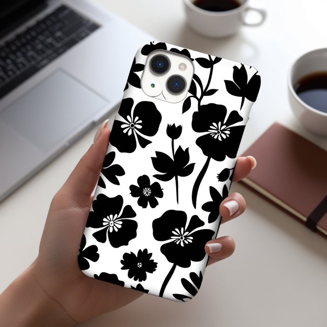 Pour iPhone 15 Coque à motifs floraux noir et blanc (Créateur téléchargé)