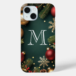 Pour iPhone 15 Élégant monogramme de Noël bleu foncé Coque Case-M