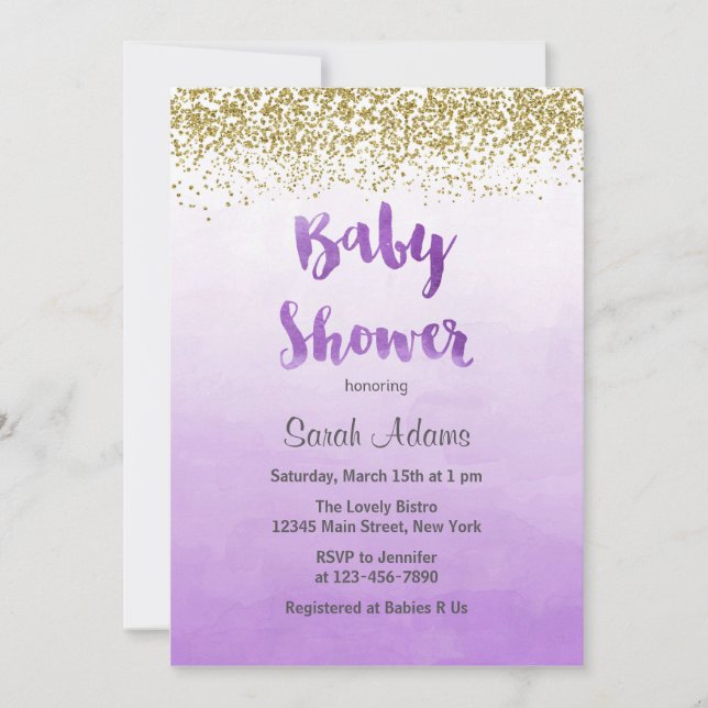 Pourpre et invitation de baby shower d'or (Devant)