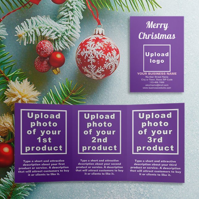 Pourpre | Noël | Carte triple entreprise (Purple trifold card for Christmas with your business brand and products or services)