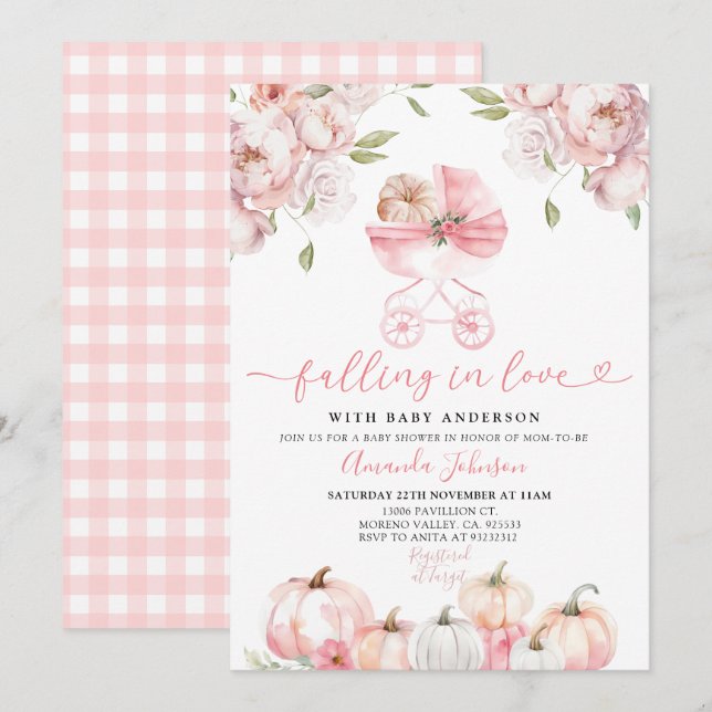 Poussette rose Baby shower d'automne Invitation (Devant / Derrière)