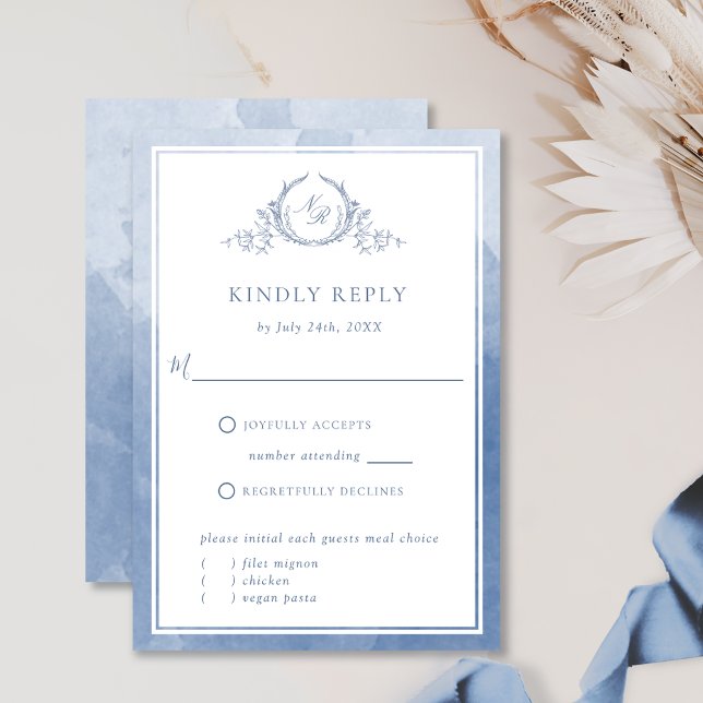 Poussière Bleue Chic Monogramme et Aquarelle RSVP (Créateur téléchargé)