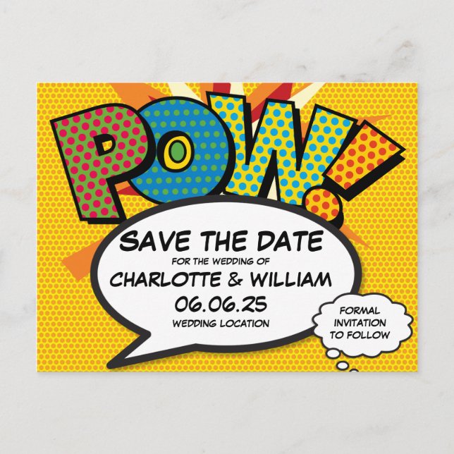 POW Save the Date Spaß Retro Comic Pop Kunst Ankündigungspostkarte (Vorderseite)