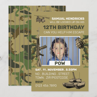 POW, War Themed Esroom, Birthday Party Einladung