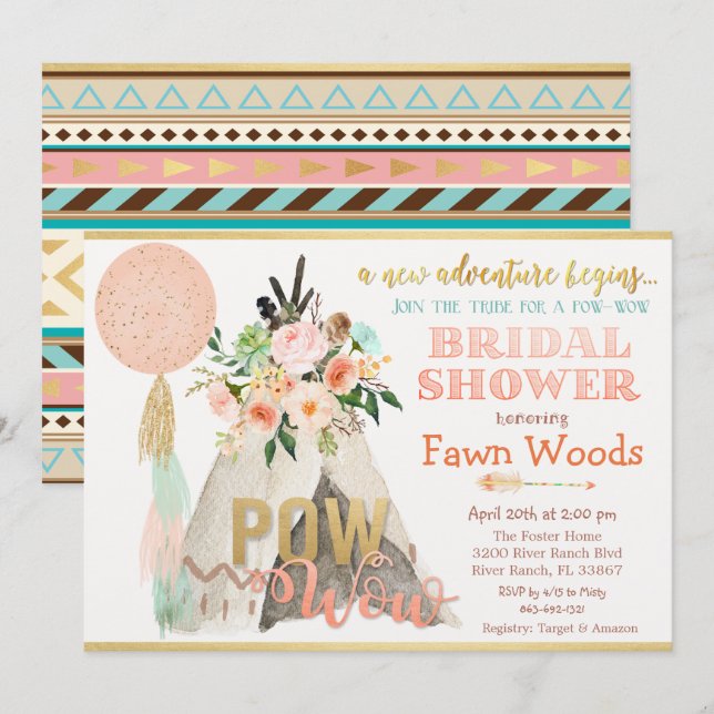 Pow Wow Tribal Teepee Bridal Dusche Einladung (Vorne/Hinten)