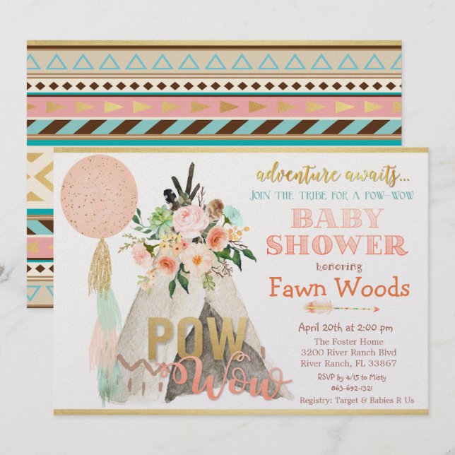 Pow Wow Tribal Teepee Tipi Baby shower Invitation (Devant / Derrière)