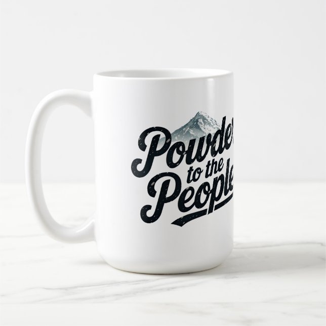 "Powder an die Menschen" Retro Snowboard & Ski Kaffeetasse (Links)