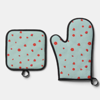 Powder Aqua Japanese Quince Floral Pattern Ofenhandschuh & Topflappen-Set