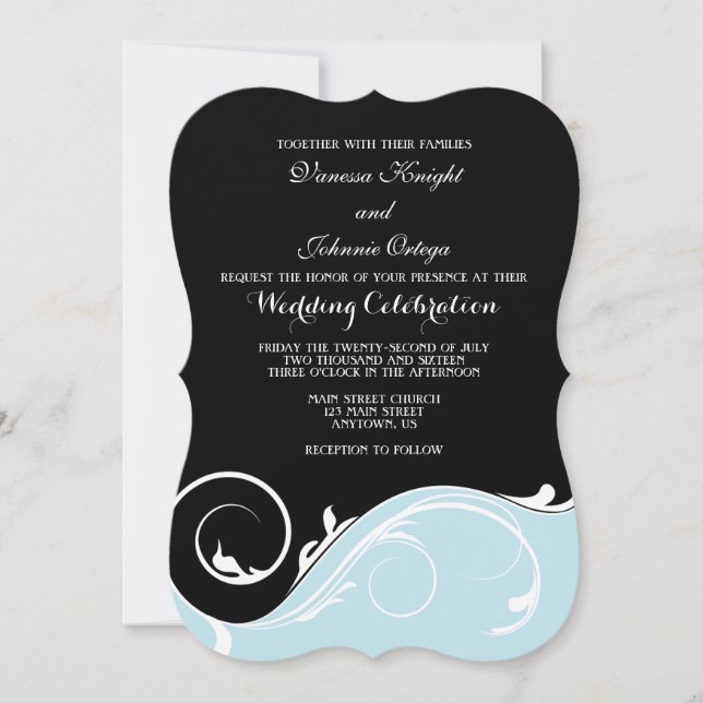 Powder Blue Black Swirl Bracket Einladungen (Vorderseite)