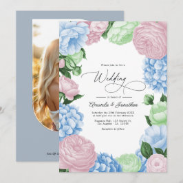 Powder Blue, Blush Pink/Light Sage Floral Wedding Einladung