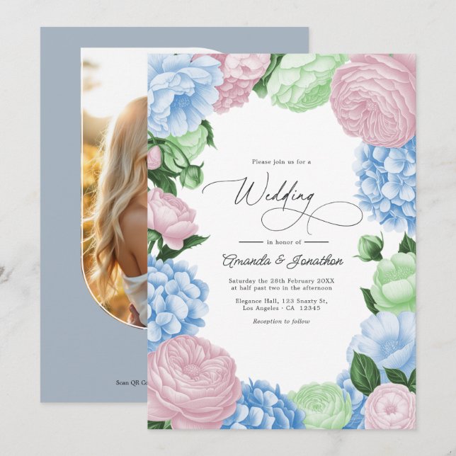 Powder Blue, Blush Pink/Light Sage Floral Wedding Einladung (Vorne/Hinten)